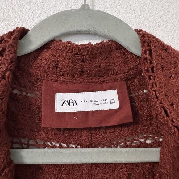 Zara Crochet Button Up Shirt Mens XL Rust Brown Vacation Travel Resort Wear - Picture 2 of 6